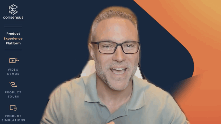 A man with glasses and a gray polo shirt smiles at the camera; platform features for meetings sales are listed on the left side of the image against a blue and orange background. Consensus